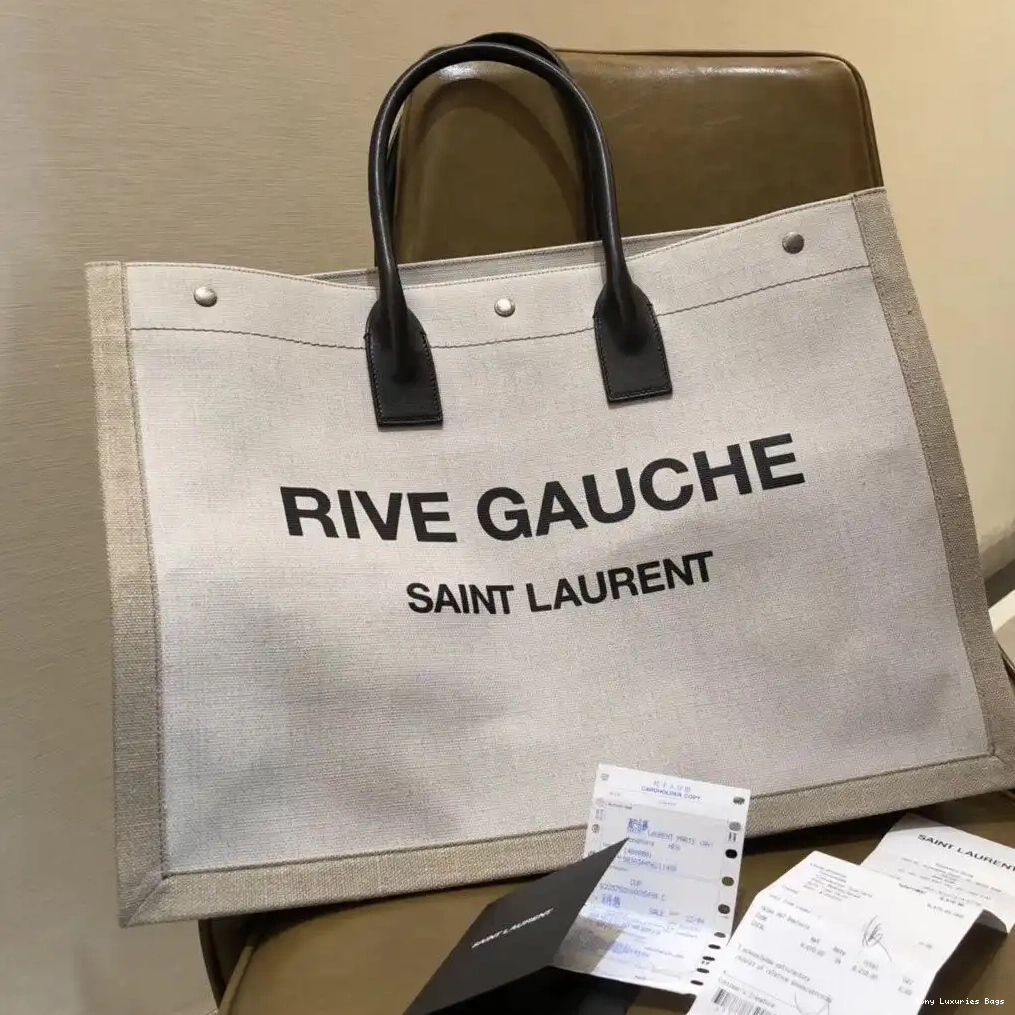 Tony Luxuries IN YSL BAG LEATHER RIVE AND LINEN TOTE GAUCHE 0608